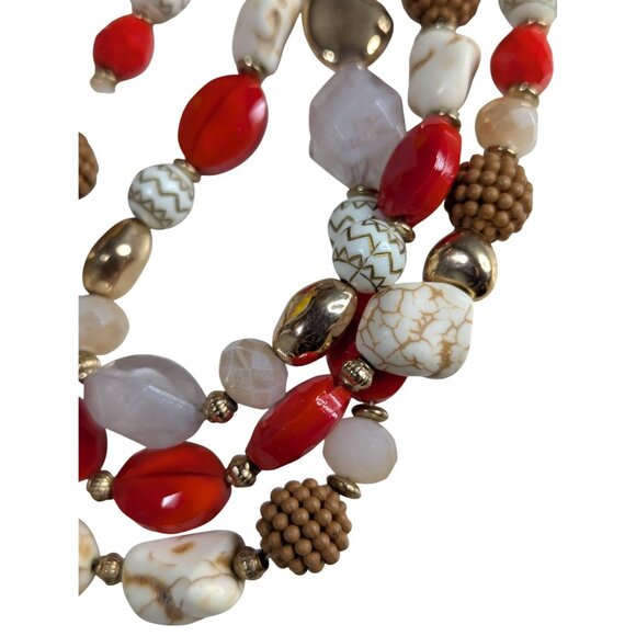 Vintage Multi-Strand Beaded Necklace With Red & Natural Tones Adjustable Lobster - Picture 2 of 4
